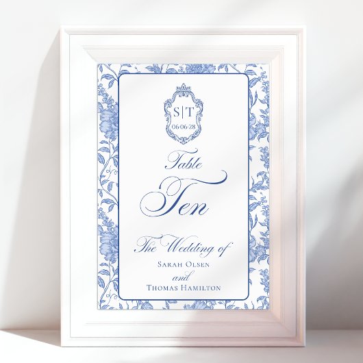 Crest Monogram Blue Floral Script TEN Tischnummer