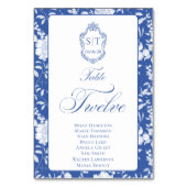 Crest Monogram Blue Floral Script Twelve 8 Names Tischnummer (Vorderseite)