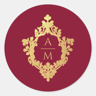 Crest Monogram Burgunderrot Faux Gold Vintage Hoch Runder Aufkleber