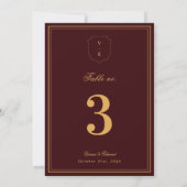 Crest Monogram Burgundy Gold Wedding Table Number Einladung (Rückseite)