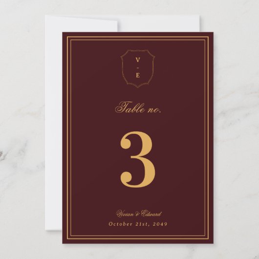 Crest Monogram Burgundy Gold Wedding Table Number Einladung (Rückseite)