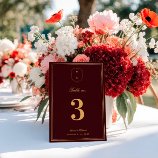 Crest Monogram Burgundy Gold Wedding Table Number Einladung