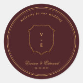 Crest Monogram Burgundy & Gold Wedding Welcome Runder Aufkleber (Vorderseite)