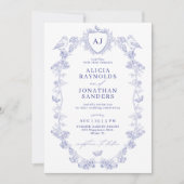 Crest monogram classic blue toile de jouy wedding einladung (Vorderseite)