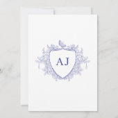 Crest monogram classic blue toile de jouy wedding einladung (Rückseite)