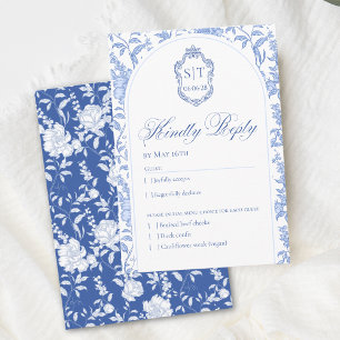 Crest Monogram Delft Blau Floral Schriftzug RSVP Karte