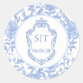 Crest Monogram Delft Blau Florale Hochzeit Runder Aufkleber (Vorderseite)