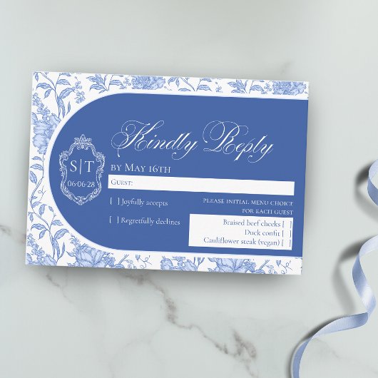 Crest Monogram Delft Blue Floral Script RSVP Karte