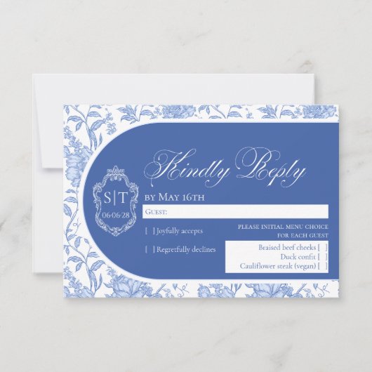 Crest Monogram Delft Blue Floral Script RSVP Karte (Vorderseite)
