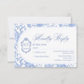 Crest Monogram Delft Blue Floral Script RSVP Karte (Vorderseite)