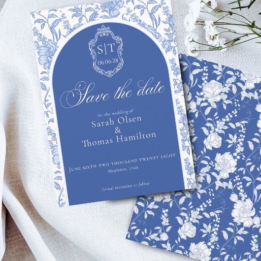 Crest Monogram Delft Blue Floral Script Save The Date