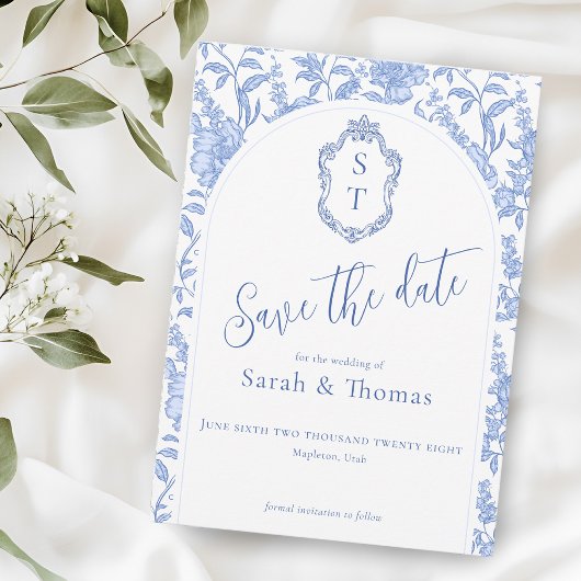 Crest Monogram Delft Blue Floral Script Save The Date