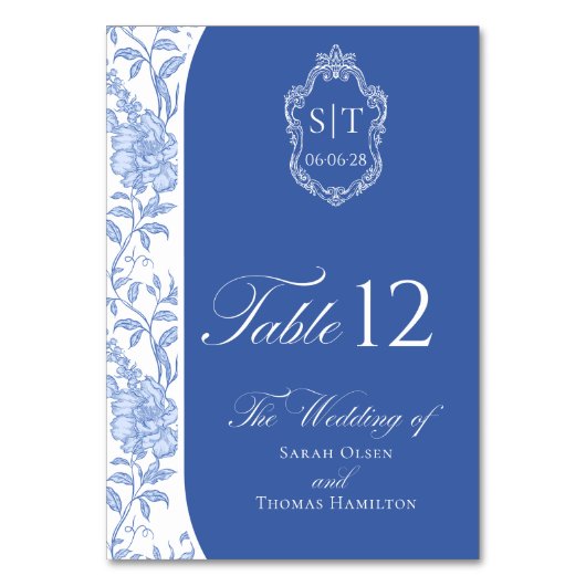 Crest Monogram Delft Blue Floral Script Tischnummer (Vorderseite)