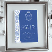 Crest Monogram Delft Blue Floral Script Tischnummer