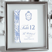 Crest Monogram Delft Blue Floral Script Tischnummer