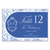 Crest Monogram Delft Blue Floral Script Tischnummer (Vorderseite)