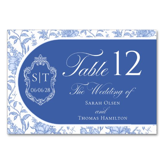 Crest Monogram Delft Blue Floral Script Tischnummer (Vorderseite)