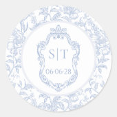 Crest Monogram Dusty Blue Floral Wedding Runder Aufkleber (Vorderseite)