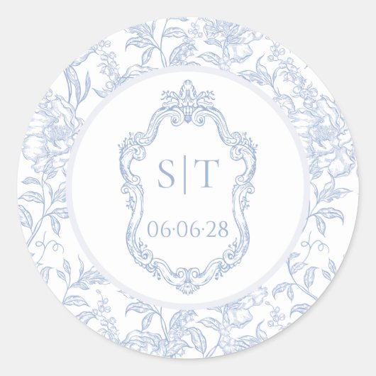 Crest Monogram Dusty Blue Floral Wedding Runder Aufkleber (Vorderseite)
