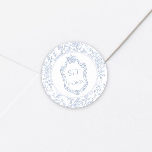Crest Monogram Dusty Blue Florale Hochzeit Runder Aufkleber