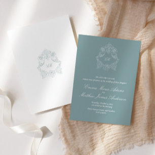 Crest Monogram Dusty Blue Sophisticated Hochzeit Einladung