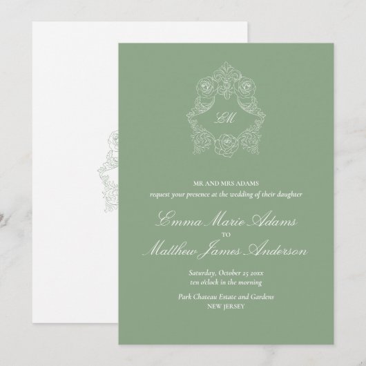 Crest Monogram Logo Sage Green Wedding Einladung (Vorne/Hinten)