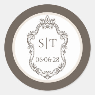 Crest Monogram Mocha- und Creme-Hochzeit Runder Aufkleber