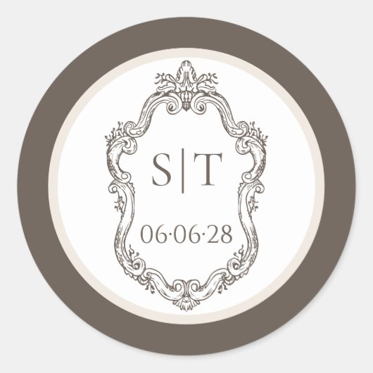 Crest Monogram Mocha- und Creme-Hochzeit Runder Aufkleber (Vorderseite)