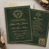 Crest monogram QR code emerald green gold wedding Einladung