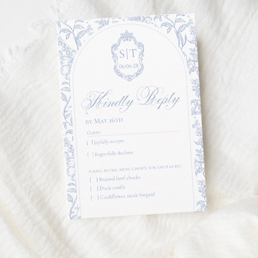 Crest Monogram Soft Delft Blue Floral Script RSVP Karte