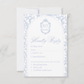 Crest Monogram Soft Delft Blue Floral Script RSVP Karte (Vorderseite)