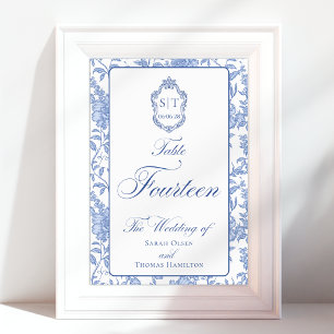 Crest-Monogramm Blau Florales Skript Vierzehn Tischnummer