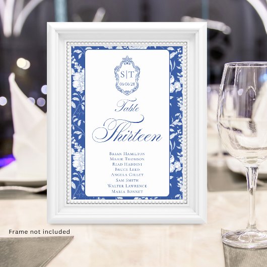 Crest-Monogramm Blaues Blumen-Script Dreizehn 8 Na Tischnummer