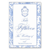 Crest-Monogramm Blaues Blumen-Script Fünfzehn Tischnummer (Vorderseite)