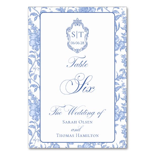 Crest-Monogramm Blaues Blumen-Script Sechs Tischnummer (Vorderseite)