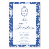 Crest-Monogramm Blaues Blumen-Script Vierzehn 8 Na Tischnummer (Vorderseite)