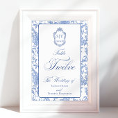 Crest-Monogramm Blaues Blumen-Script Zwölf Tischnummer