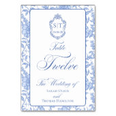 Crest-Monogramm Blaues Blumen-Script Zwölf Tischnummer (Vorderseite)