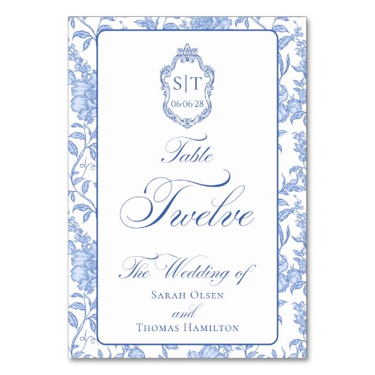 Crest-Monogramm Blaues Blumen-Script Zwölf Tischnummer (Vorderseite)