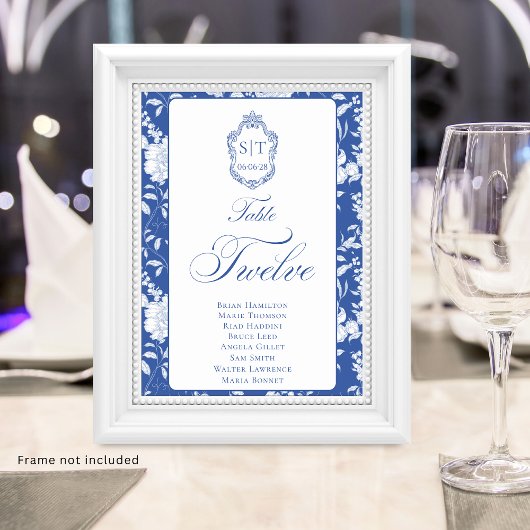 Crest-Monogramm Blaues Blumen-Skript Zwölf 8 Namen Tischnummer