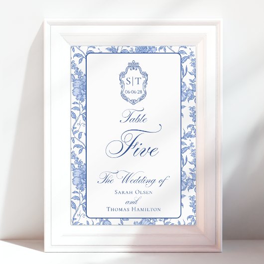 Crest-Monogramm Blaues Florales Skript Fünf Tischnummer