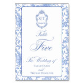 Crest-Monogramm Blaues Florales Skript Fünf Tischnummer (Vorderseite)