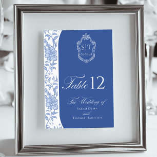 Crest-Monogramm Delft-Blau Floral Schrift Tischnummer