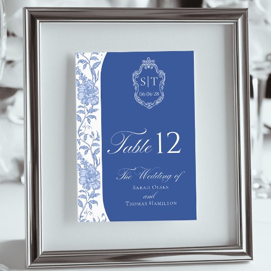 Crest-Monogramm Delft-Blau Floral Schrift Tischnummer