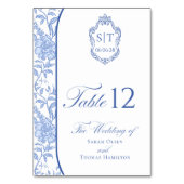 Crest-Monogramm Delft Blau Florales Schriftbild Tischnummer (Vorderseite)