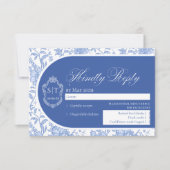 Crest-Monogramm Delft Blau Florales Skript RSVP Karte (Vorderseite)
