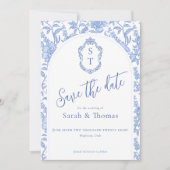 Crest Monogramm Delft Blau Florales Skript Save The Date (Vorderseite)