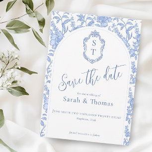 Crest Monogramm Delft Blau Florales Skript Save The Date