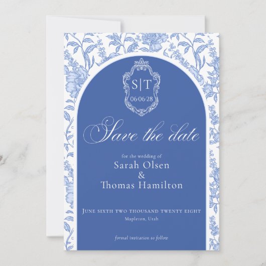 Crest-Monogramm Delft-Blau Florales Skript Save The Date (Vorderseite)