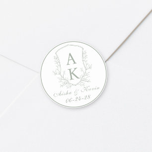 Crest Monogramm Sagegrün Hochzeit Runder Aufkleber